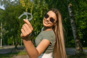 A smiling woman with sunglasses holding up a clear aligner